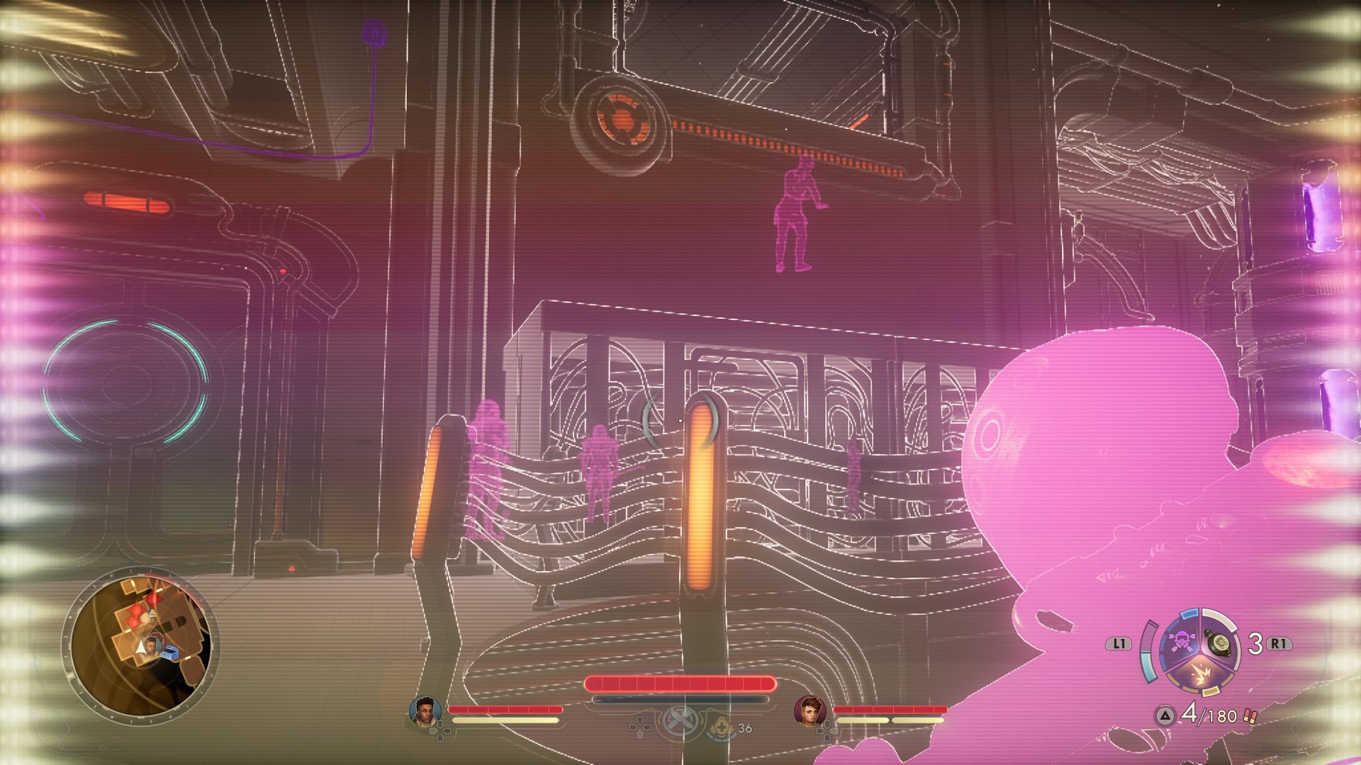 The Outer Worlds 2 screenshot showing the character using the N-Ray Scanner to detect enemies behind walls