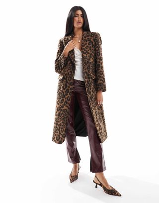 Asos Design Longline Duster Jacket in Brushed Leopard Print