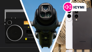 A boombox, drone, and Galaxy S25 Edge next to each other.