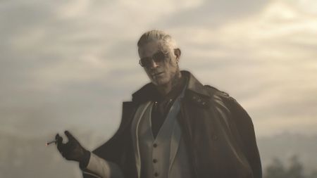 Zeno smokes while looking at the camera in Resident Evil Requiem