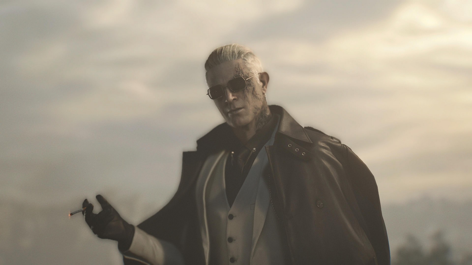Zeno smokes while looking at the camera in Resident Evil Requiem