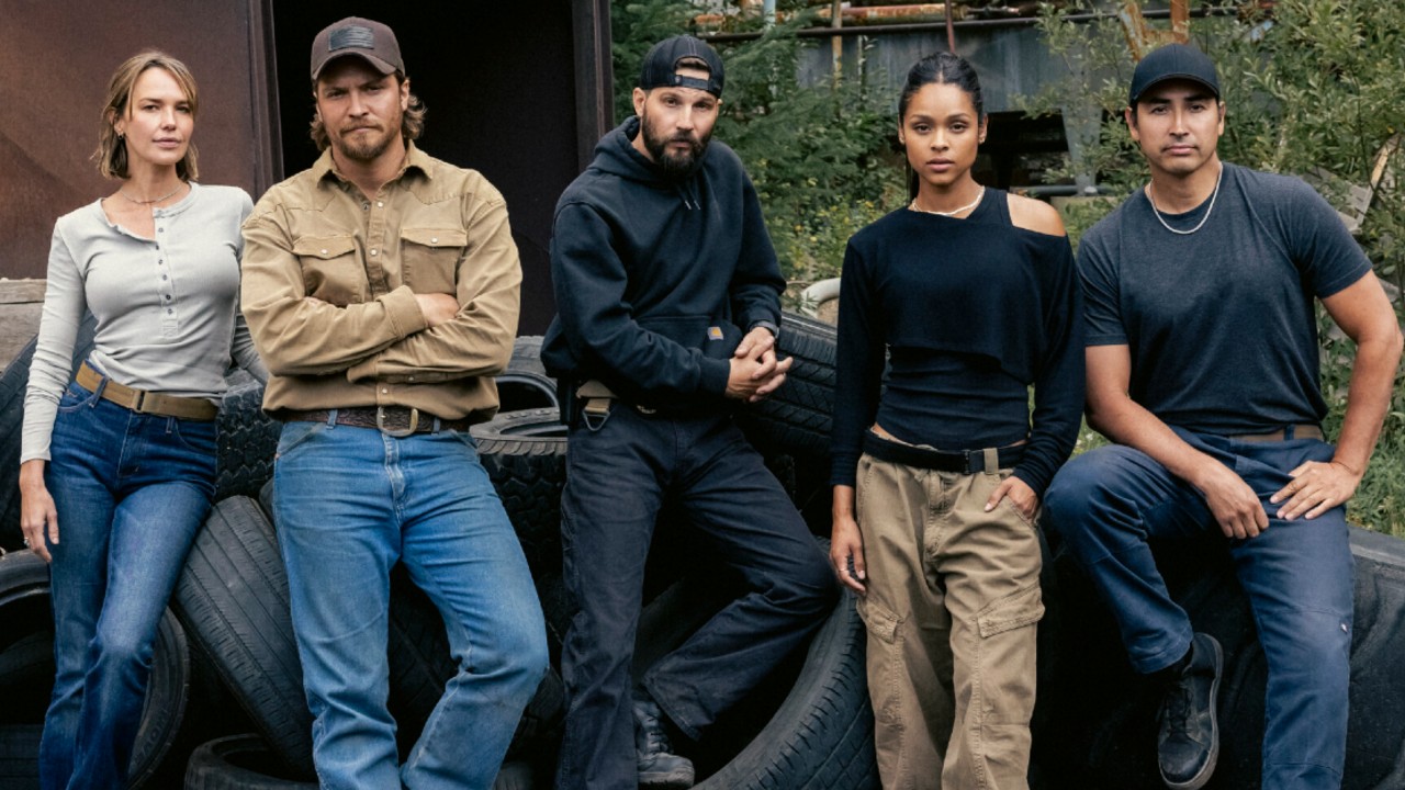 (L-R): Arielle Kebbel as Belle, Luke Grimes as Kayce Dutton, Logan Marshall-Green as Pete Calvin, Ash Santos as Andrea, and Tatanka Means as Miles.