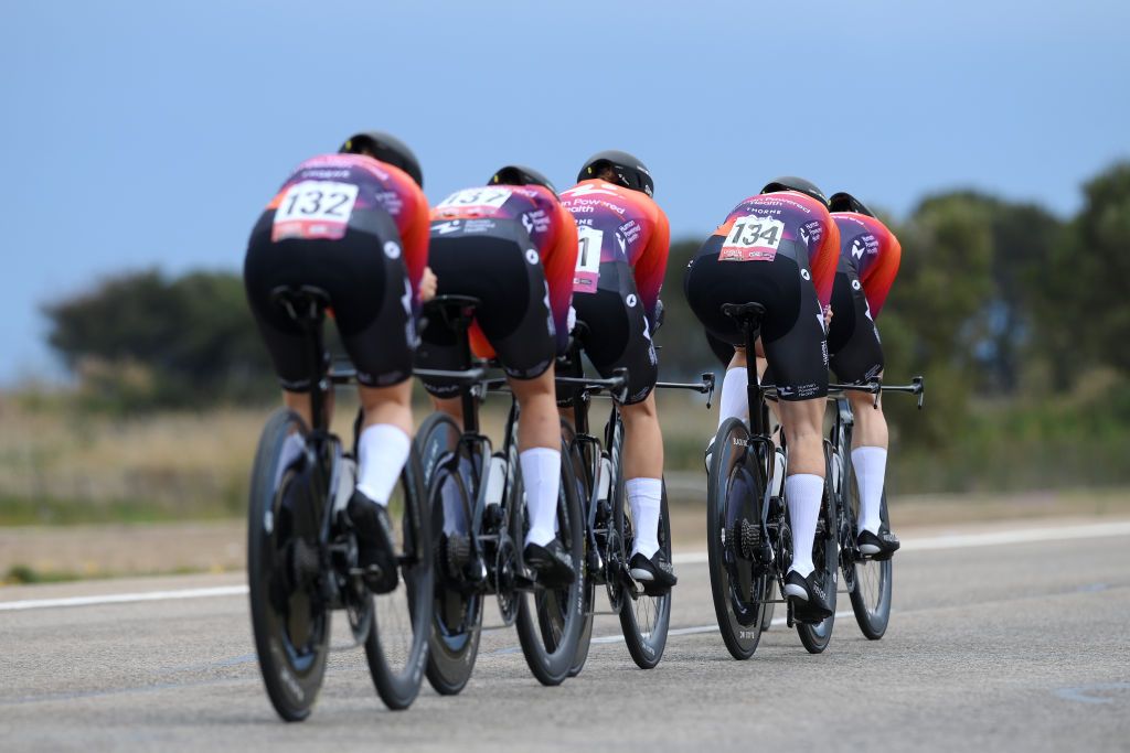 VALENCIA SPAIN APRIL 28 Detailed view of Romy Kasper of Germany and Team Human Powered Health sprints during the 10th La Vuelta Femenina 2024 Stage 1 a 16km team time trial from Valencia to Valencia UCIWWT on April 28 2024 in Valencia Spain Photo by Alex BroadwayGetty Images