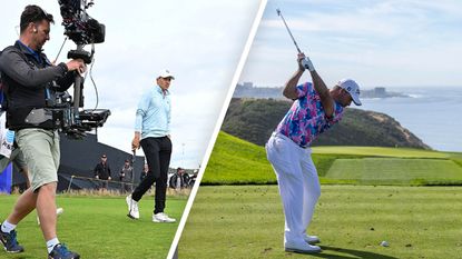 Jordan Spieth being recorded by a television camera at the Open Championship (Left) and Gary Woodland hitting a tee shot at the Farmers Insurance Open (right)
