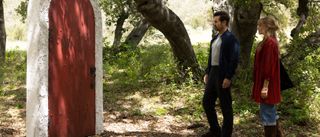 A Big Bold Beautiful Journey Margot Robbie and Colin Farrell by a door