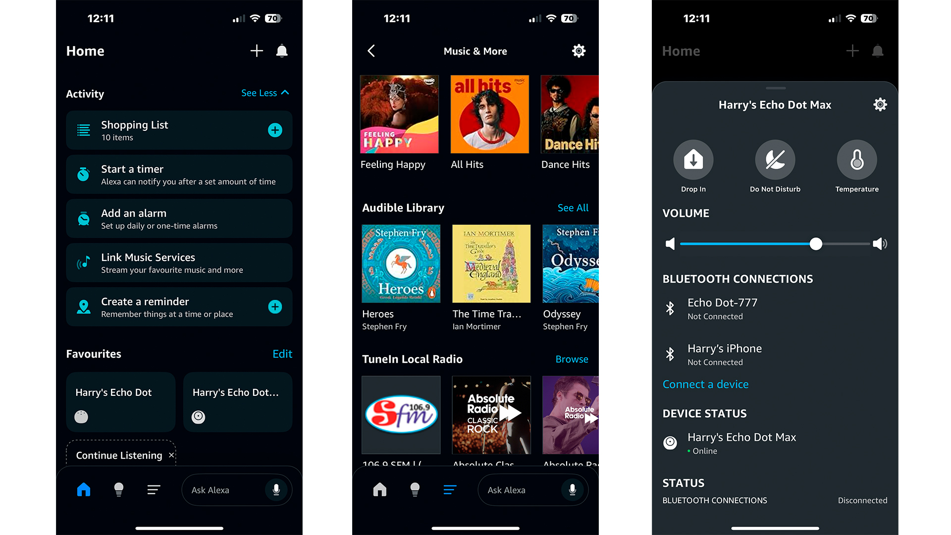 Amazon Echo Dot Max wireless speaker app on three smartphone screens