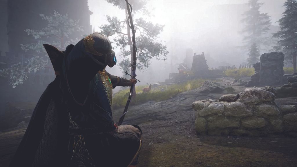 Tainted Grail: The Fall of Avalon screenshot of the player shooting an arrow at a deer in the near distance.