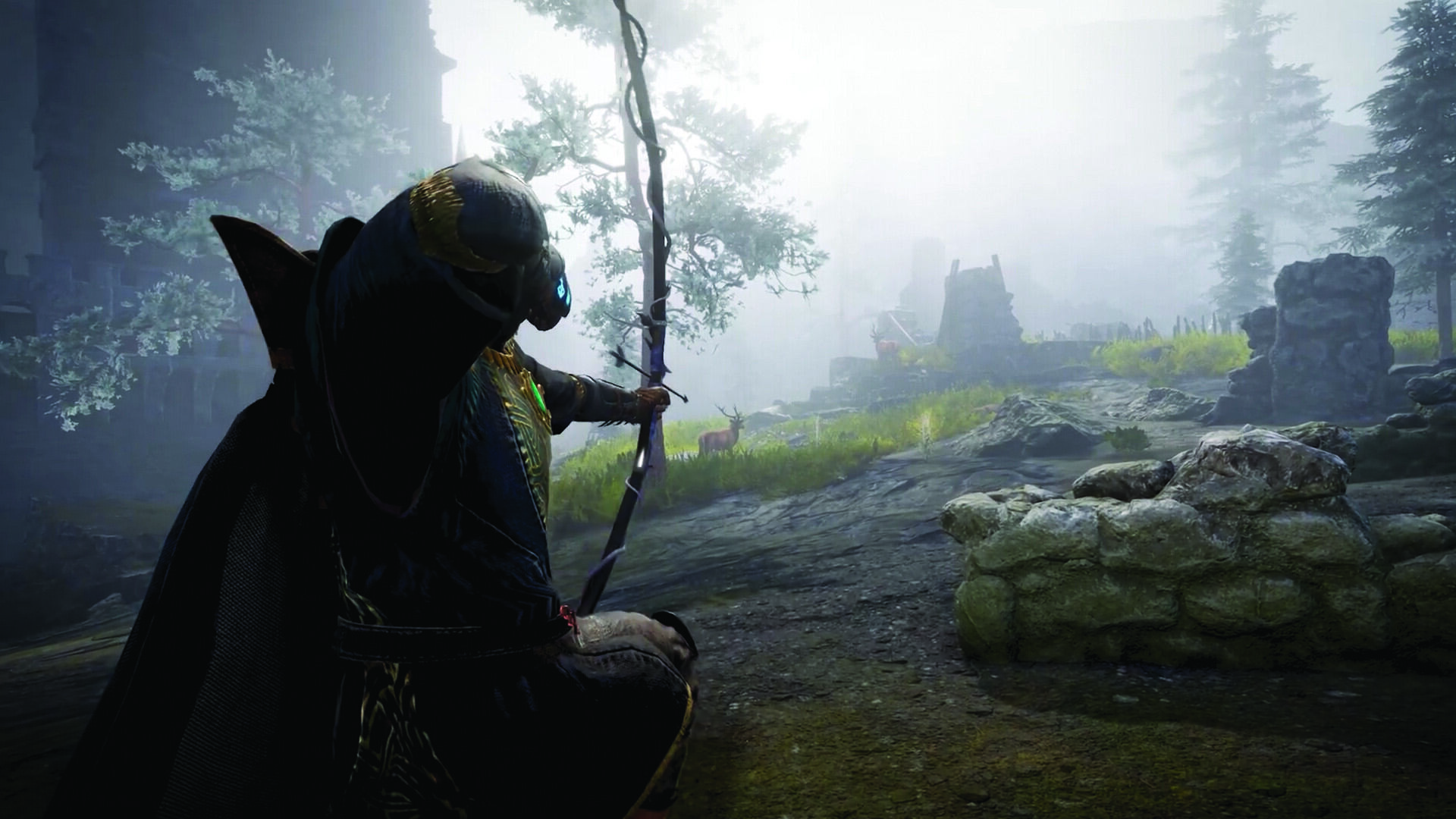 Tainted Grail: The Fall of Avalon screenshot of the player shooting an arrow at a deer in the near distance.