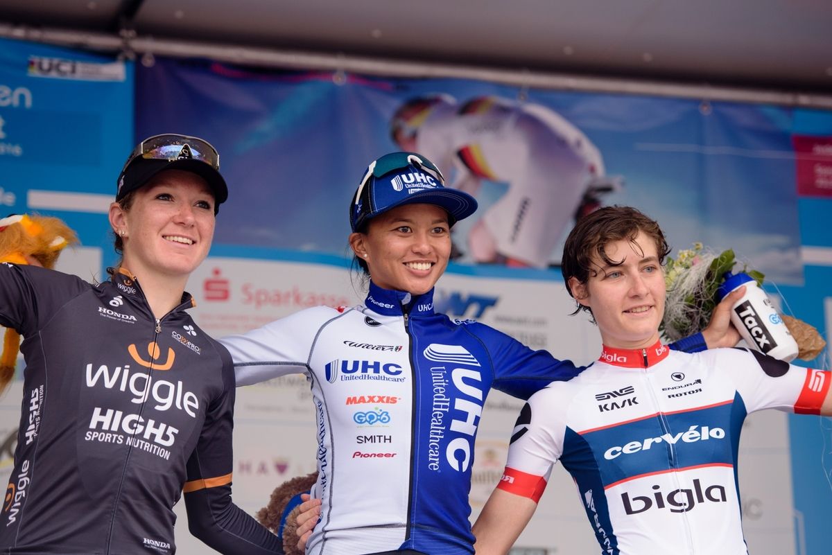 Coryn Rivera with Amy Pieters and Nicole Hanselmann on the podium