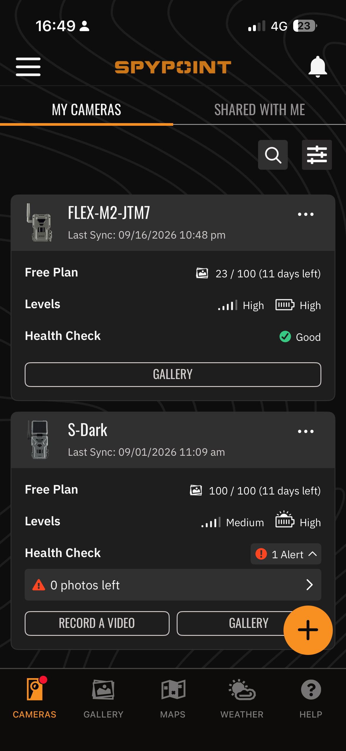 Screenshots from the Spypoint app