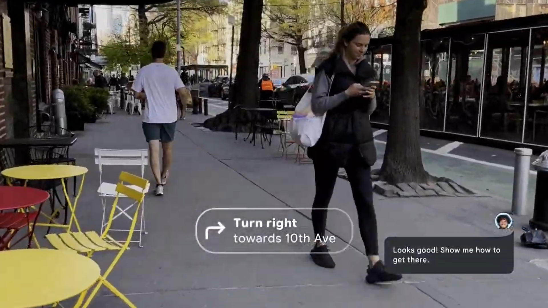 A still from an Android XR example video of how the software will work on smart glasses, showing someone navigating city streets with Google Maps, with the pop-up "Turn right towards 10th Avenue" direction in view.