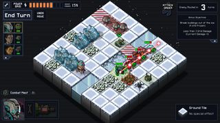 Screenshot of isometric 8x8 grid from the video game Into the Breach.