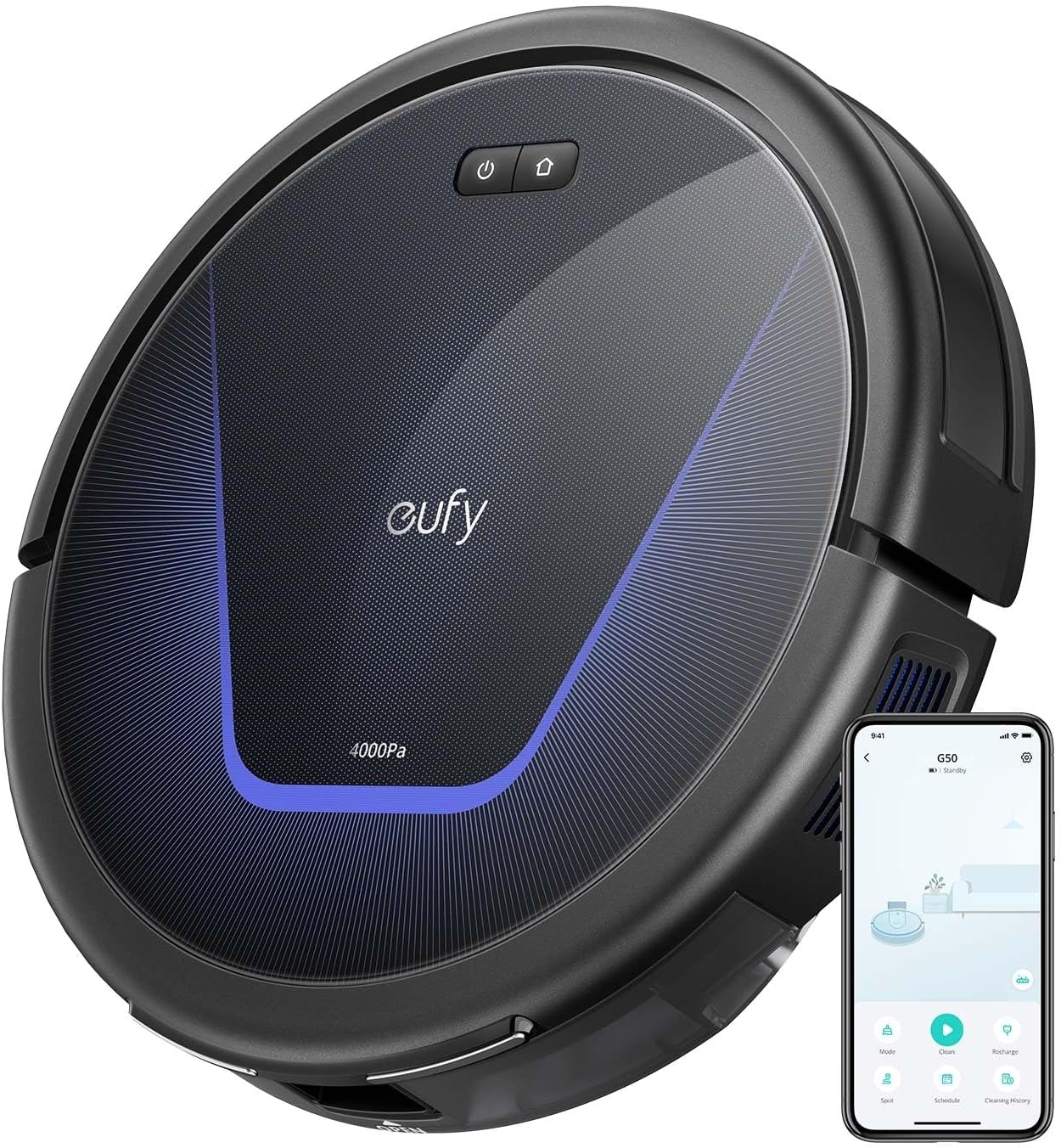 Eufy G50 Robot Vacuum Cleaner With 4,000 Pa Strong Suction, Pro-Detangle Comb, Roller Brush, Automatic Charging, Quiet, Work With Alexa, Boostiq, Ideal for Pet Hair, Hard Floors, Carpet
