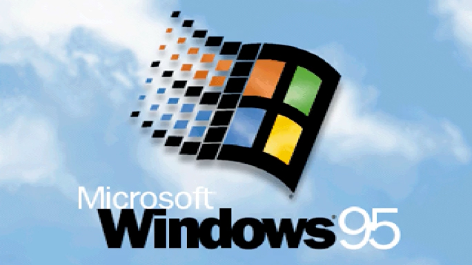 Windows 95 startup screen, a window with swooshes coming out of it