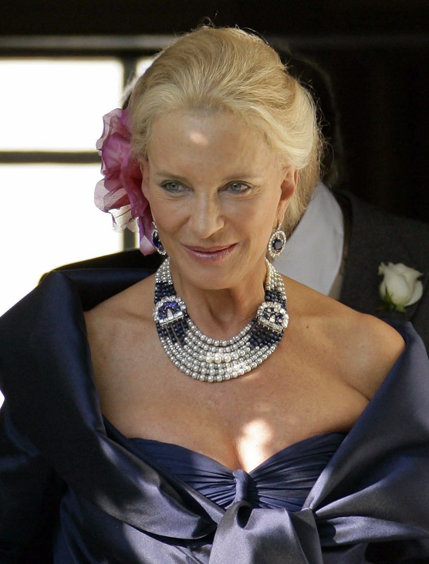 Princess Michael of Kent wearing a blue gown and pearl necklace