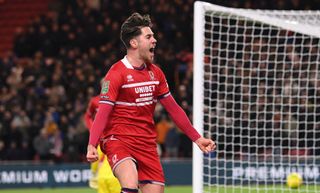 Middlesbrough player Hayden Hackney celebrates after scoring the first goal during the Carabao Cup Semi Final First Leg match between Middlesbrough and Chelsea at Riverside Stadium on January 09, 2024 in Middlesbrough, England.