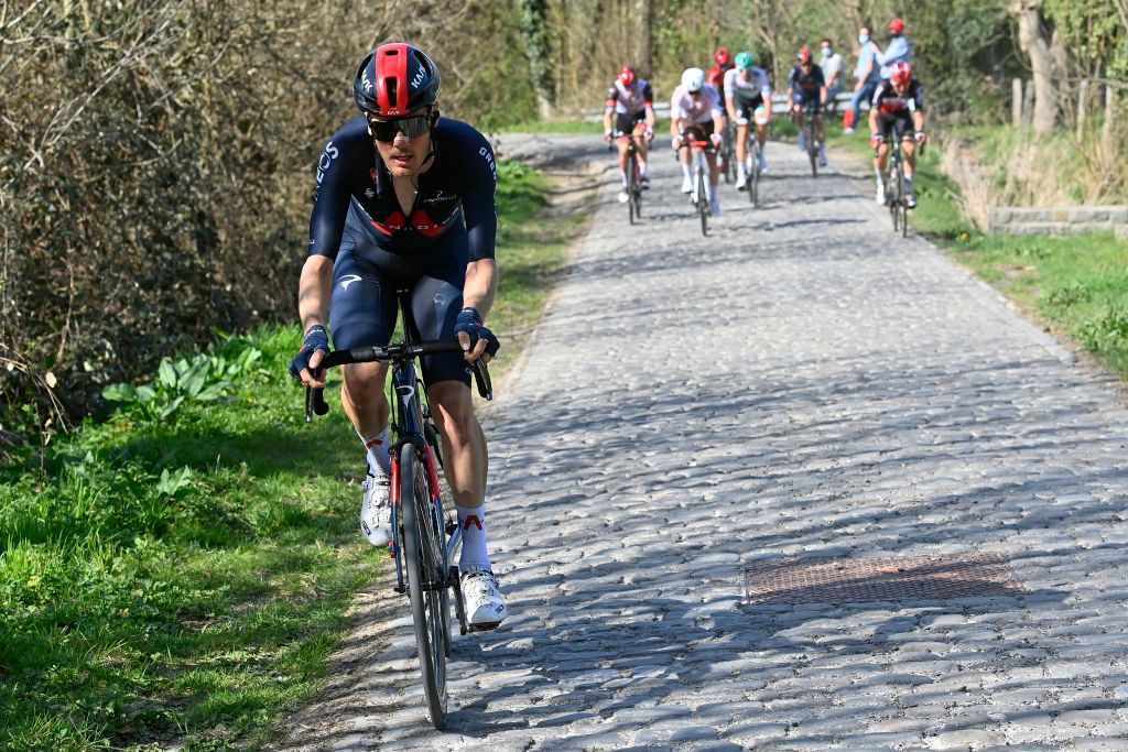 Dylan van Baarle (Ineos-Grenadiers) puts in his winning move in Dwars door Vlaanderen