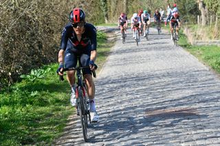 Dylan van Baarle (Ineos-Grenadiers) puts in his winning move in Dwars door Vlaanderen