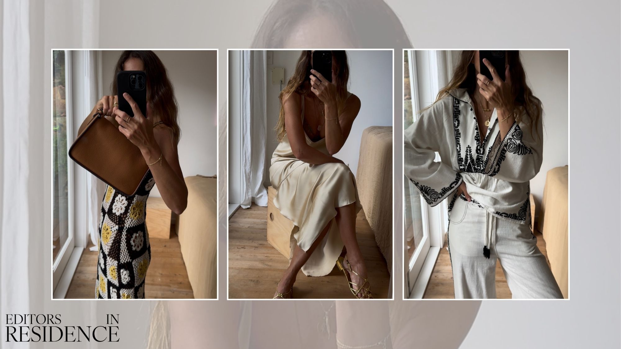 Woman wears khaki trench coat, white Tee, white jenas; woman wears black blazer, blacj trousers; woman wears lace top, red cardigan, blue jeans