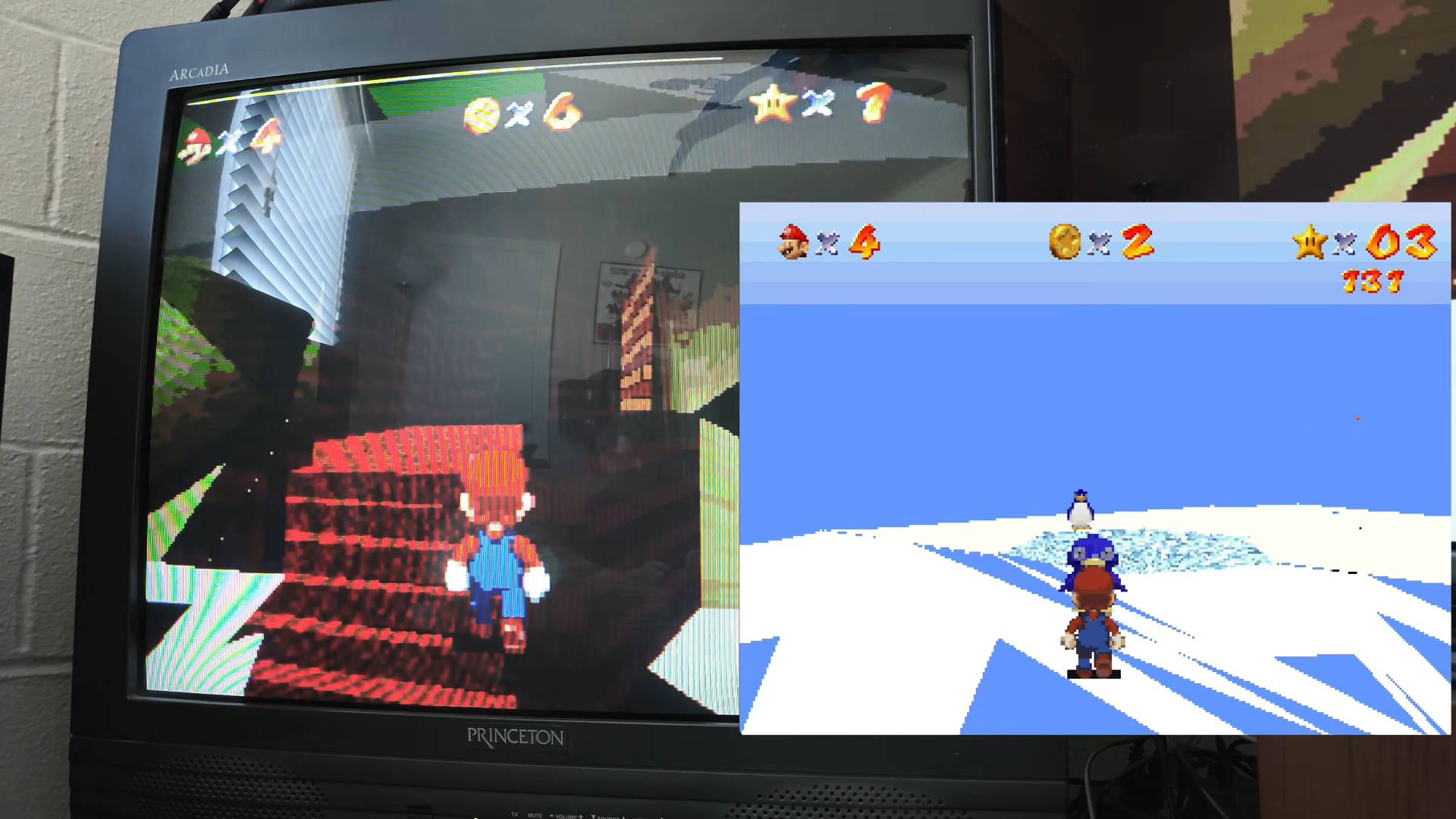 Super Mario 64 for 3DO running on actual console via CRT TV on left and emulator on right, with left featuring Mario walking upstairs and right holding penguin.
