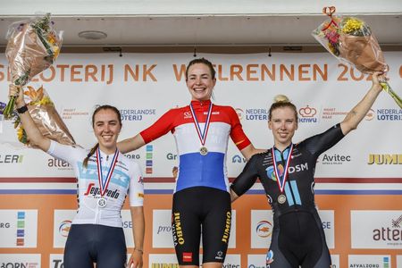 From L Secondplaced Shirin van Anrooij winner Riejanne Markus and thirdplaced Lorena Wiebes pose on the podium after the National Cycling Championships in Emmen on June 25 2022 Netherlands OUT Photo by Bas Czerwinski ANP AFP Netherlands OUT Photo by BAS CZERWINSKIANPAFP via Getty Images