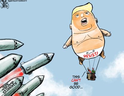 Political Cartoon U.S. Trump Balloon Economy Resist Missiles