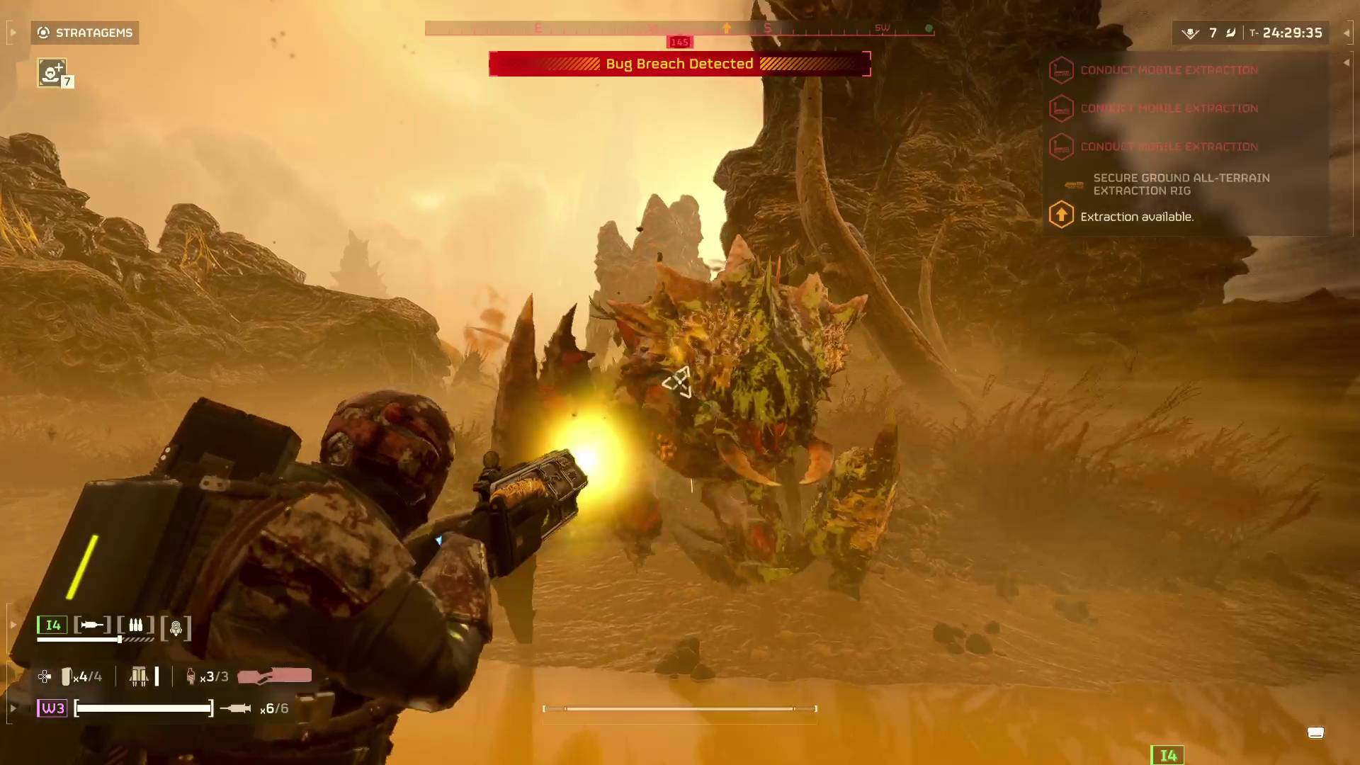 Helldivers 2 best weapon Helldivers firing Sickle at charging Brood Commander