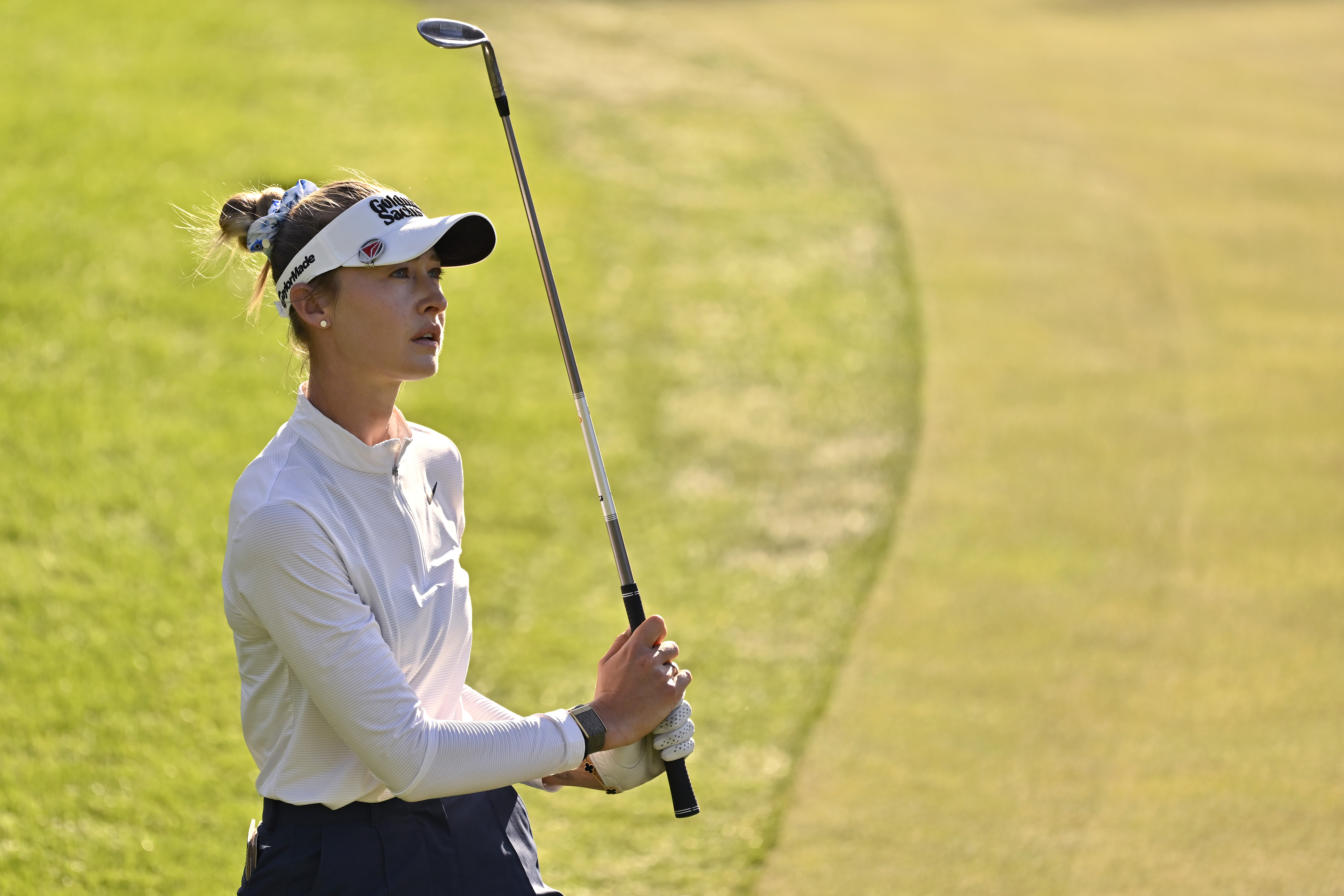 Nelly Korda reacts after playing a shot on the 16th hole during the final round of the Aramco Championship