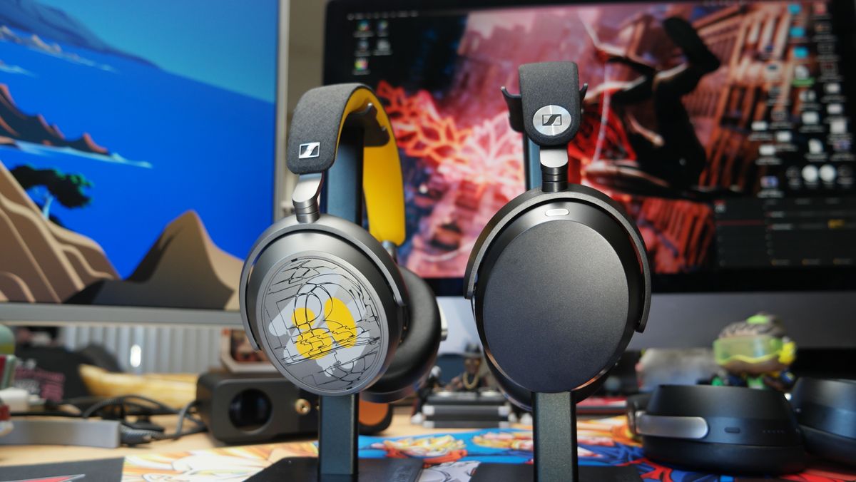 Sennheiser Momentum 5 headphones case on the right, and Momentum 4 on the left