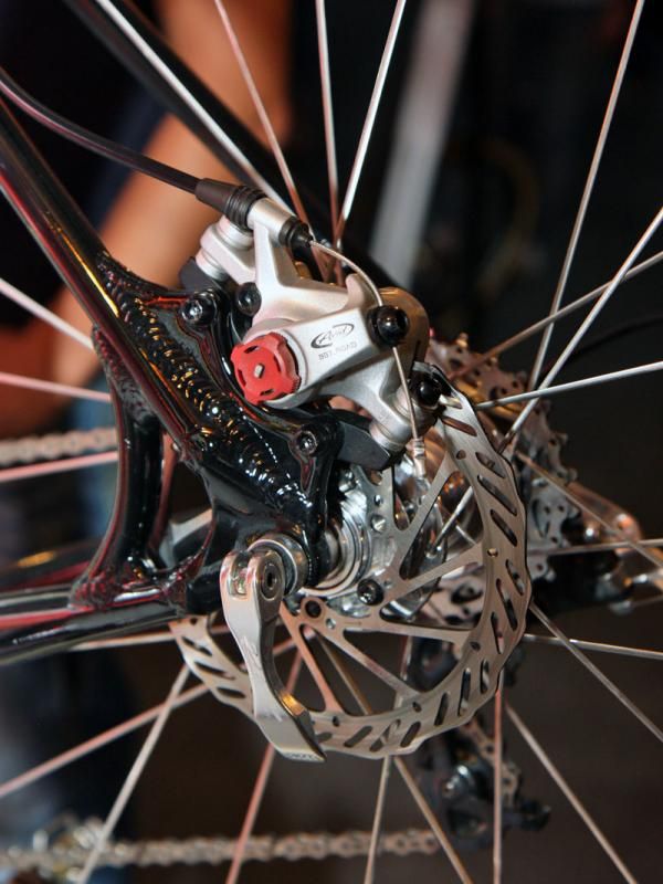 The rear disc mount puts more stress on the frame, requiring an strut between the stays to bolster the area. Even so, just three rear rotor bolts are sufficient in this application.