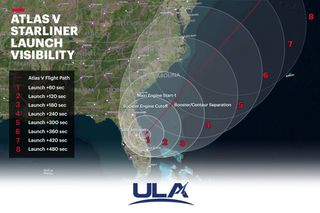 Graphic showing the visibility map for the launch of Boeing's Starliner capsule atop a United Launch Alliance Atlas V rocket on Dec. 20, 2019.