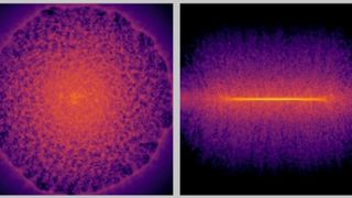 Two images side by side showing various pink and purple and yellow shapes of galaxies