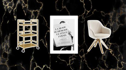 Three pictures of affordable luxe picks for small living rooms on a black marble background