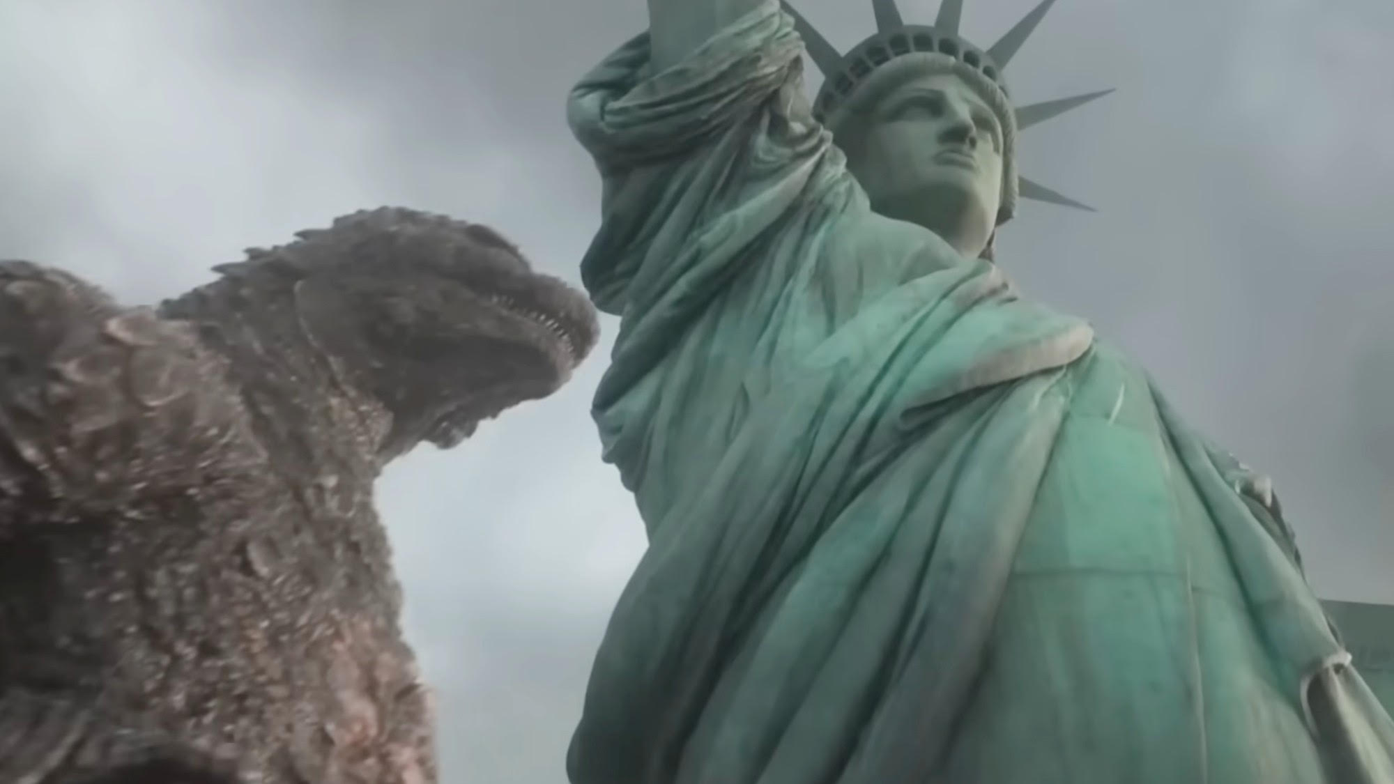 Godzilla walking beside the Statue of Liberty in Godzilla Minus Zero