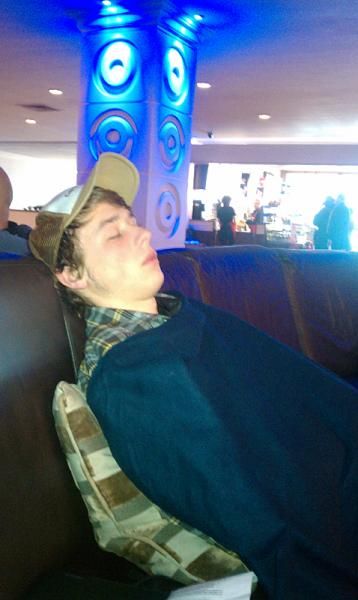 Jeff Bahnson about to get yelled at for sleeping in the hotel lobby