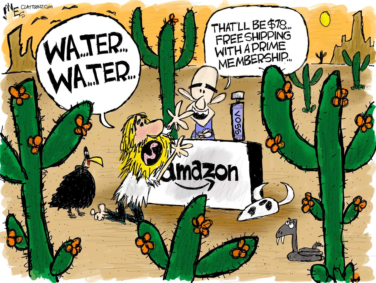 Editorial Cartoon U.S. Bezos Amazon exploits customers workers protest