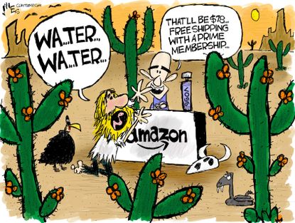 Editorial Cartoon U.S. Bezos Amazon exploits customers workers protest