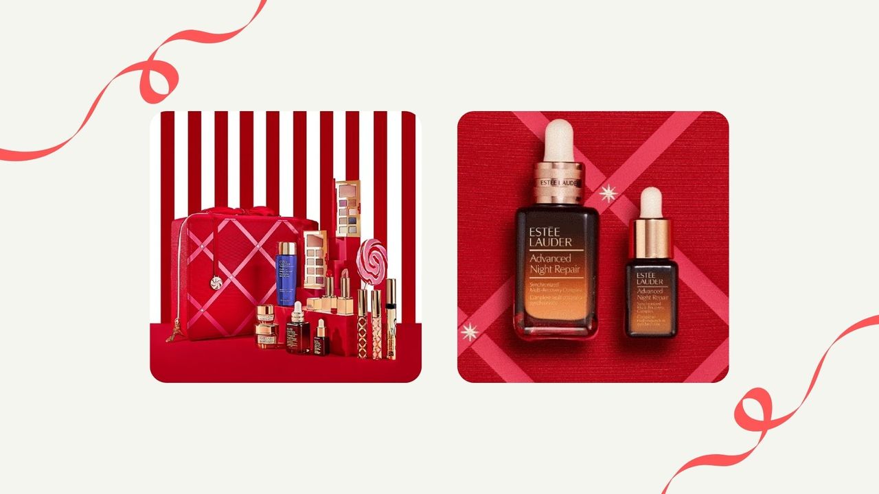 Collage of Estee Lauder blockbuster set and advanced night repair full size and mini