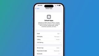 An iPhone on a green and blue background showing the Default apps menu in iOS 18