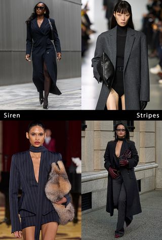 Winter print trends of 2024 are shown in a collage of runway and street-style images of women wearing the pinstripe trend. Specifically, on the top left, a woman is wearing a navy pinstripe blazer dress with black tights and black pumps. On the top right, a model wears a long gray pinstripe coat over a black bodysuit on Gauchere's fall runway. On the bottom right, a woman wears a long black pinstripe coat with a low-neck blouse, matching pinstripe trousers, and red accessories. On the bottom left, a model is wearing a navy pinstripe blazer with a matching mini skirt and fur clutch bag on LaQuan Smith's fall runway show.