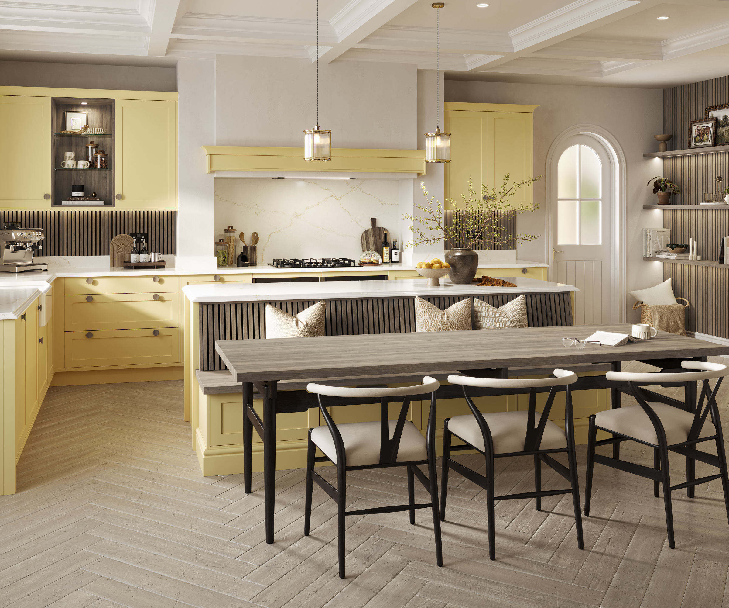 kitchen with pale yellow cabinets, white walls, wooden floor and banquette seating
