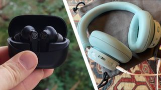 A pair of earbuds and a pair of over-ear headphones