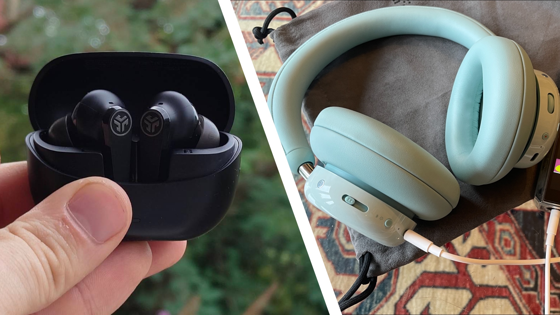 A pair of earbuds and a pair of over-ear headphones