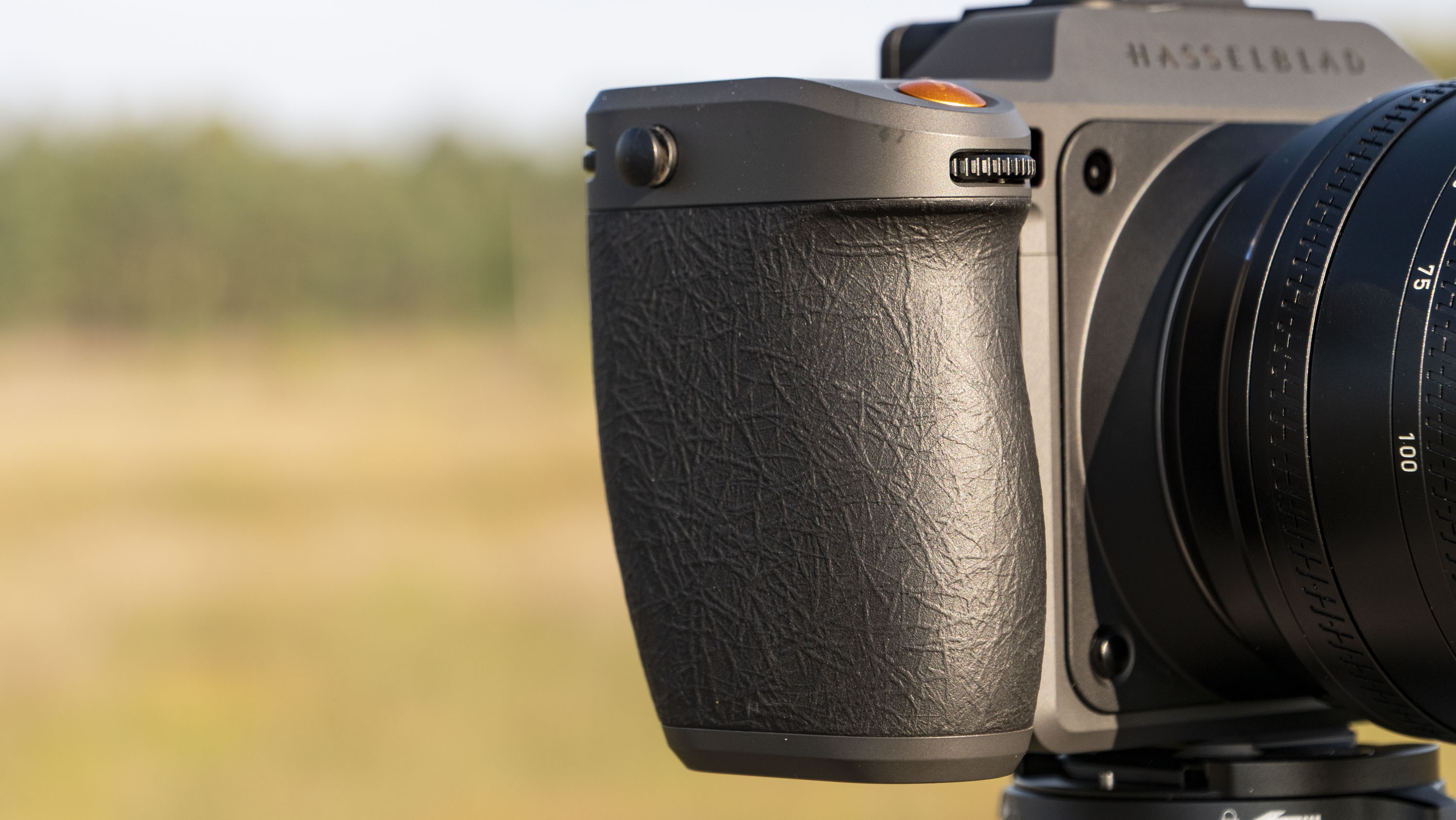 Grip of the Hasselblad X2D II 100C camera outdoors at first light
