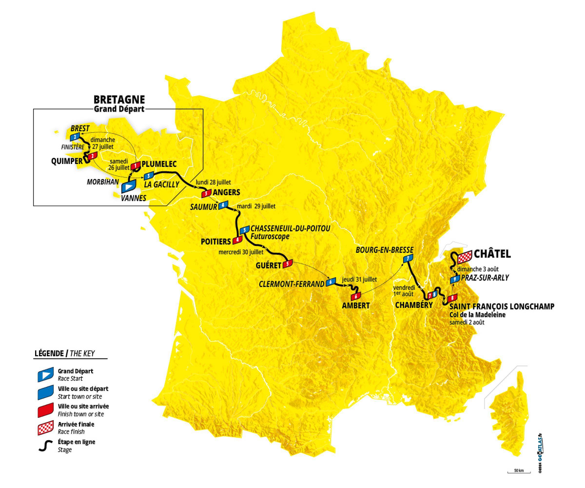 A map of the Tour de France Femmes race route.
