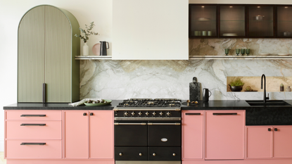 A modern one-wall kitchen with pink and black cabinetry and one tall cureved green unit with a fluted front