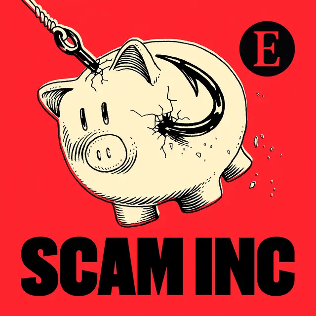 scam inc best true crime podcasts logo image with a piggy bank at the end of a fishing hook