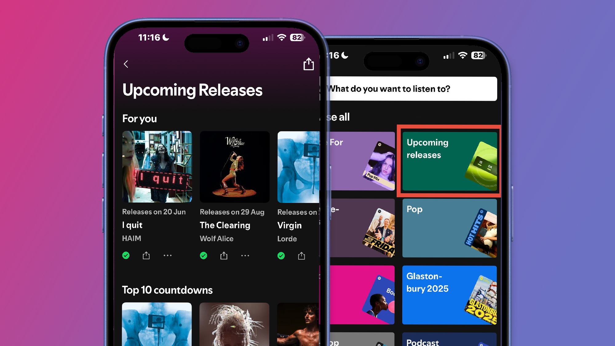 An image of Spotify&#039;s new Upcoming Releases feature in the main search hub 
