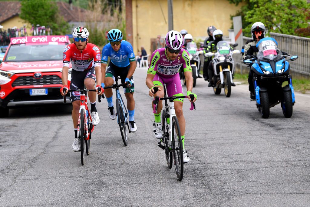 NOVARA ITALY MAY 09 Filippo Tagliani of Italy and Team Androni Giocattoli Sidermec Vincenzo Albanese of Italy and EOLOKOMETA Cycling Team Umberto Marengo of Italy and Bardiani CSF Faizan Pro Team on breakaway during the 104th Giro dItalia 2021 Stage 2 a 179km stage from Stupinigi Nichelino to Novara girodiitalia Giro UCIworldtour on May 09 2021 in Novara Italy Photo by Tim de WaeleGetty Images