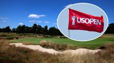 A green and bunker at Walton Heath Golf Club and an inset of a red US Open flag blowing in the wind
